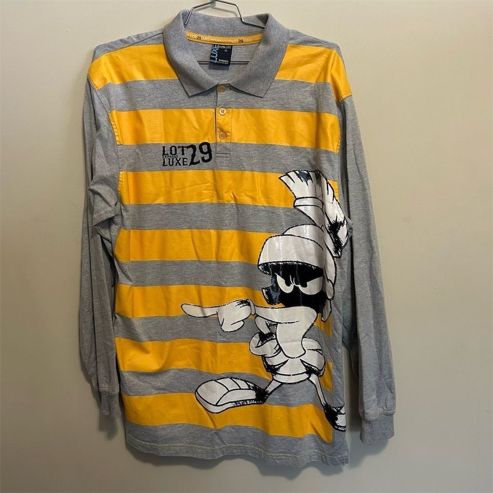 Lot 29 Men's XL Gray Striped Polo Marvin the Martian Vintage Shirt